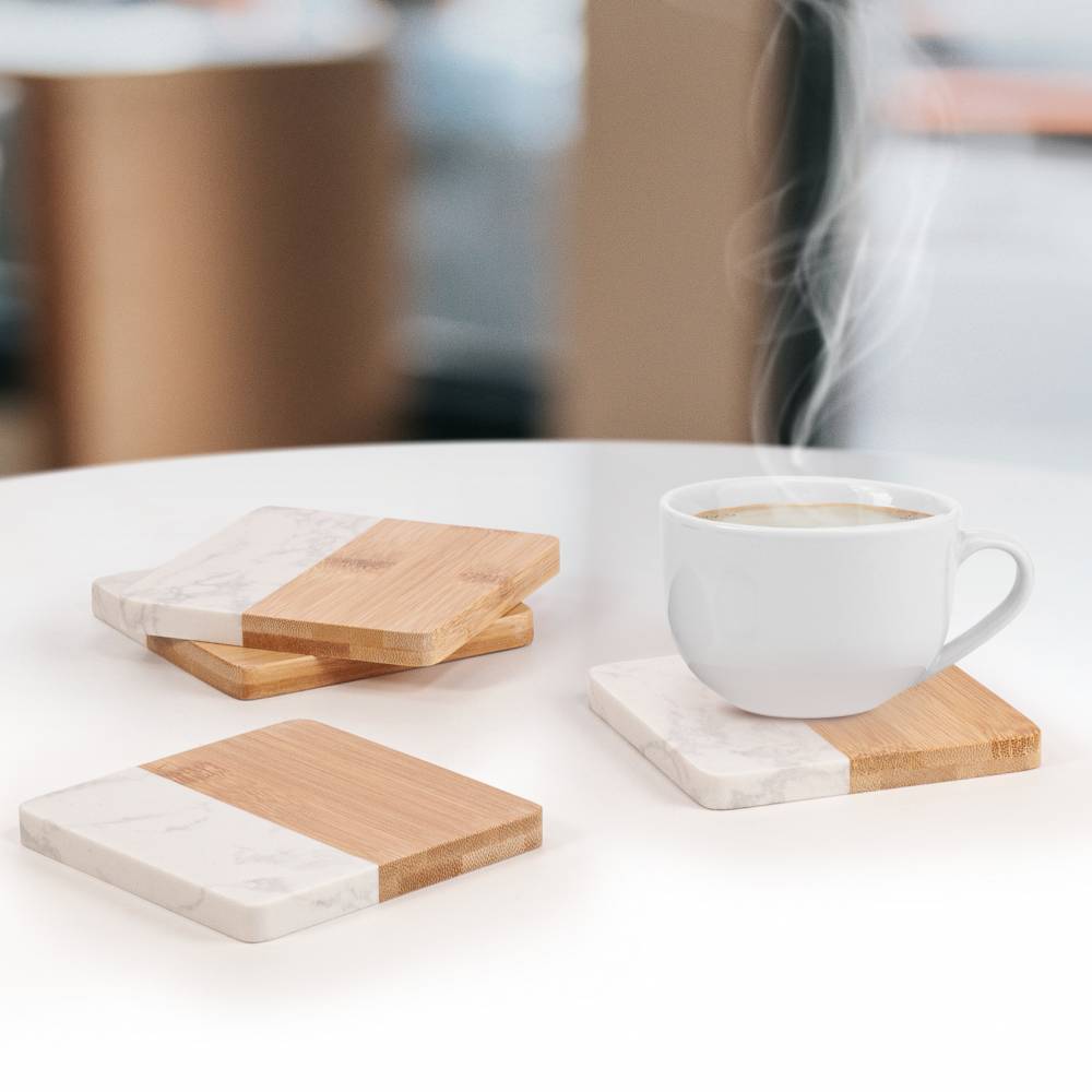 EHC 4 Marble & Wood Coasters, Elegant Drink Coasters for Cups, Mugs