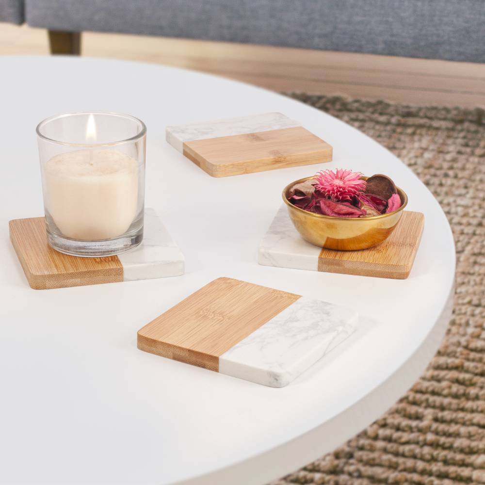 EHC 4 Marble & Wood Coasters, Elegant Drink Coasters for Cups, Mugs