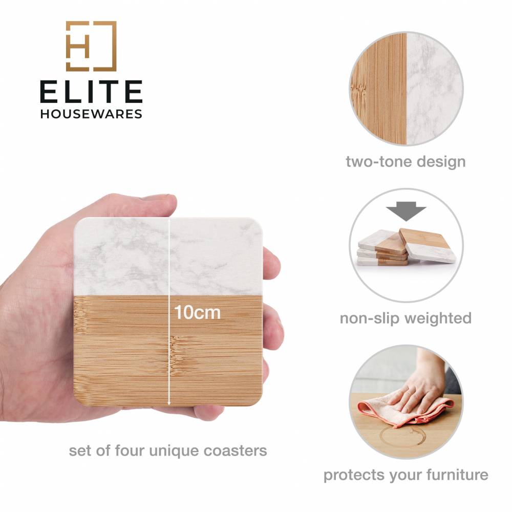 EHC 4 Marble & Wood Coasters, Elegant Drink Coasters for Cups, Mugs