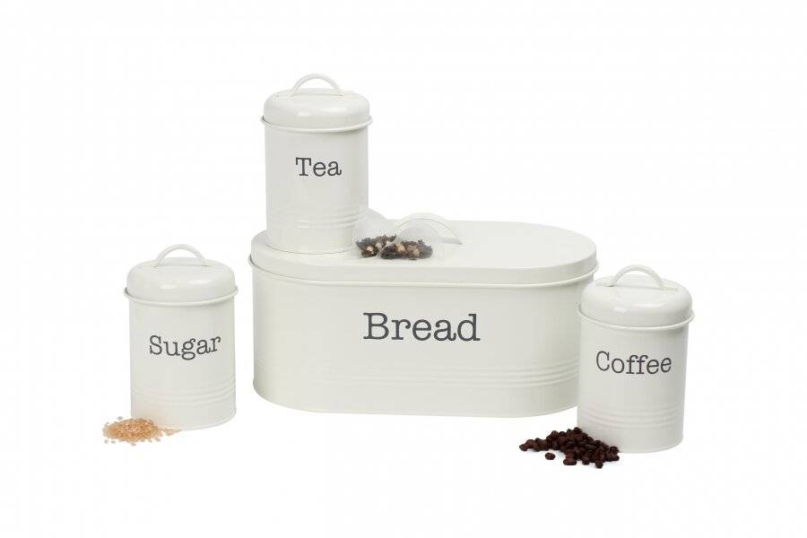 EHC 4 Piece Bread Bin, Tea, Coffee, & Sugar Storage Containers - Cream