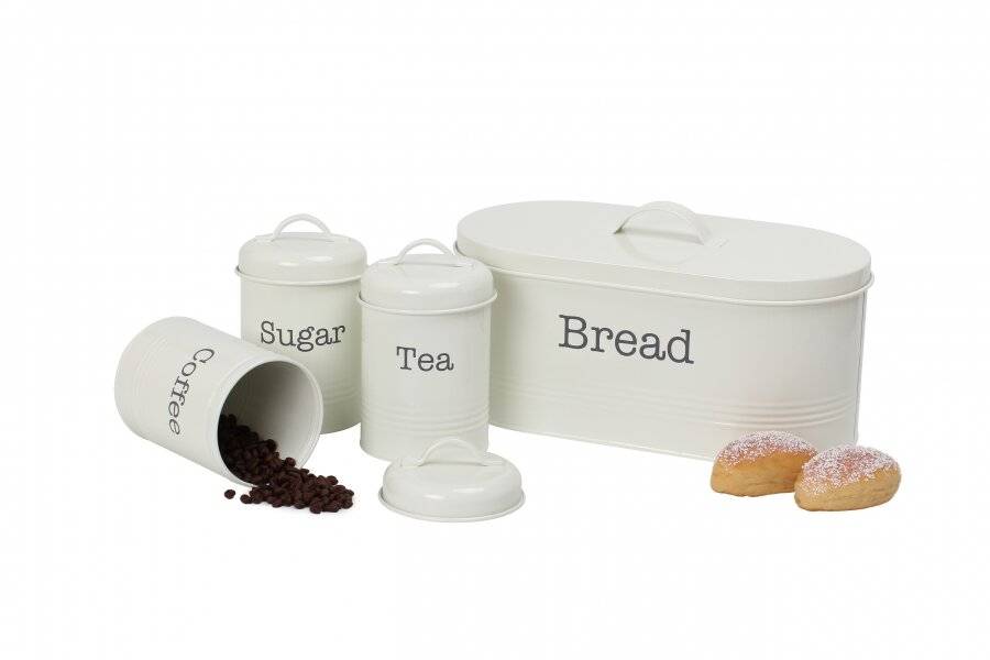 EHC 4 Piece Bread Bin, Tea, Coffee, & Sugar Storage Containers - Cream