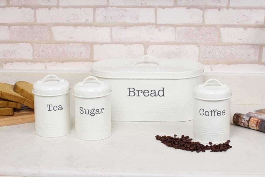 EHC 4 Piece Bread Bin, Tea, Coffee, & Sugar Storage Containers - Cream