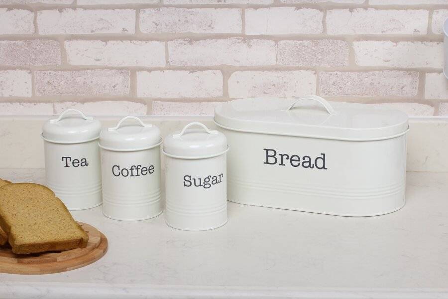 EHC 4 Piece Bread Bin, Tea, Coffee, & Sugar Storage Containers - Cream