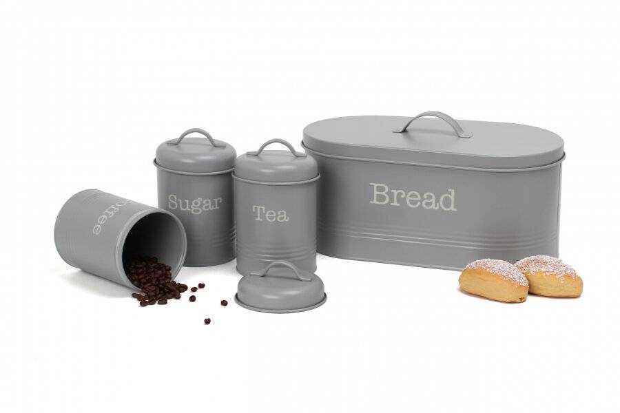 EHC 4 Piece Bread Bin, Tea, Coffee, & Sugar Storage Containers - Grey