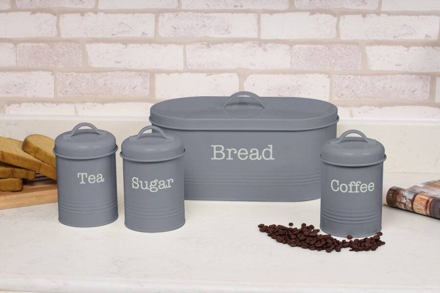 EHC 4 Piece Bread Bin, Tea, Coffee, & Sugar Storage Containers - Grey