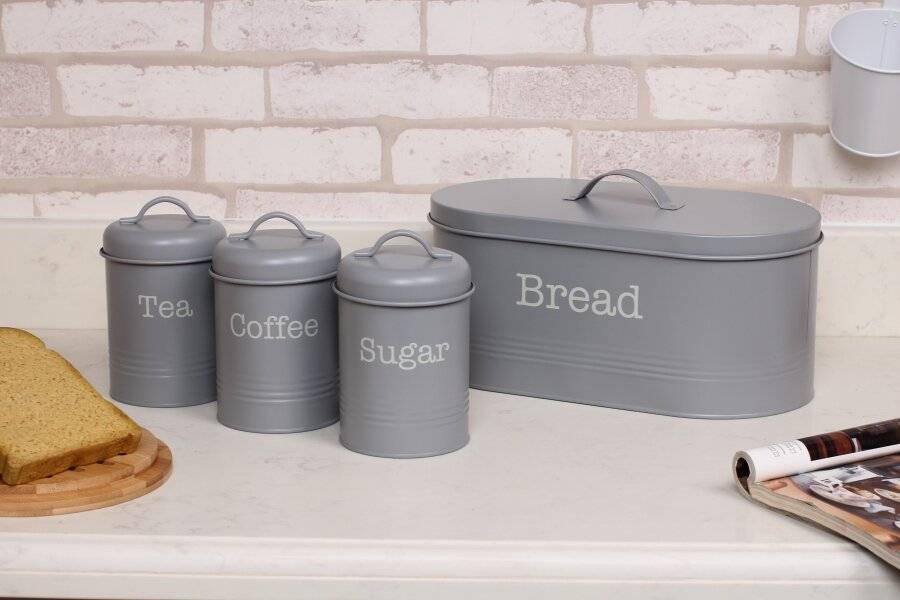 EHC 4 Piece Bread Bin, Tea, Coffee, & Sugar Storage Containers - Grey