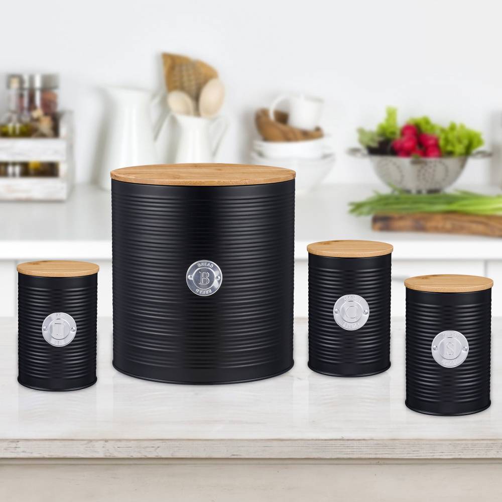 EHC 4 x Ribbed Pattern Airtight Food Storage Canisters Set, Black