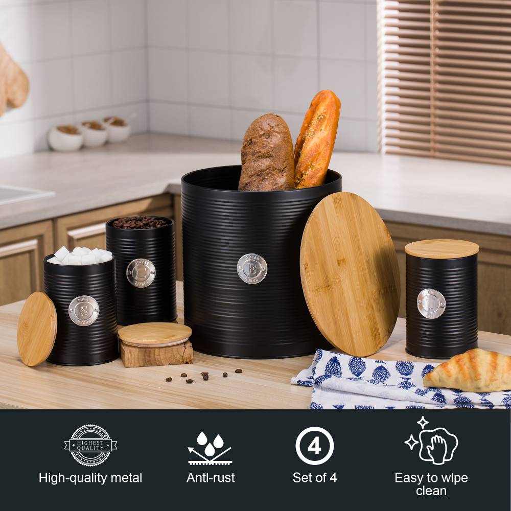 EHC 4 x Ribbed Pattern Airtight Food Storage Canisters Set, Black