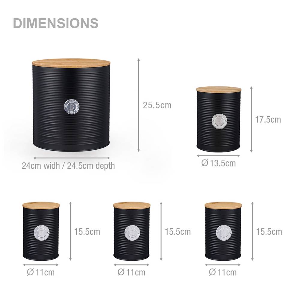 EHC 4 x Ribbed Pattern Airtight Food Storage Canisters Set, Black