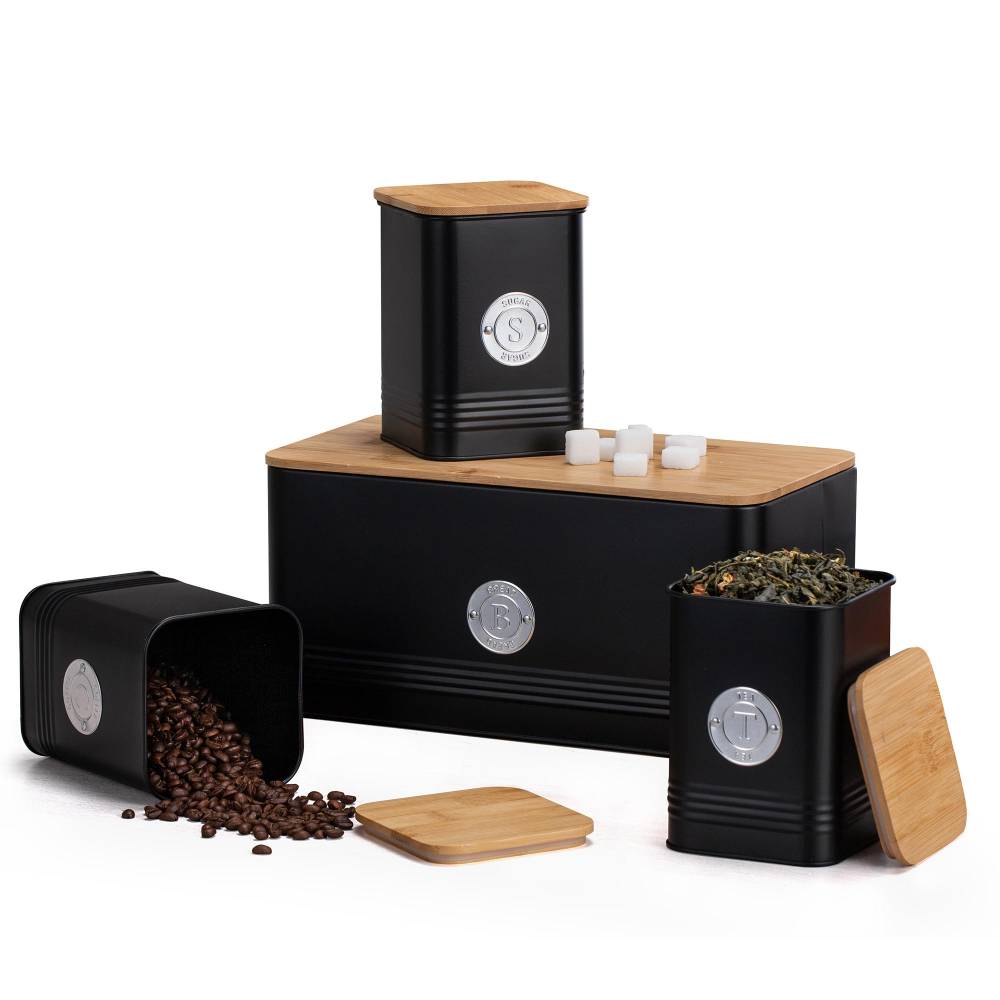 EHC 4 x Ribbed Pattern Airtight Food Storage Canisters Set, Black