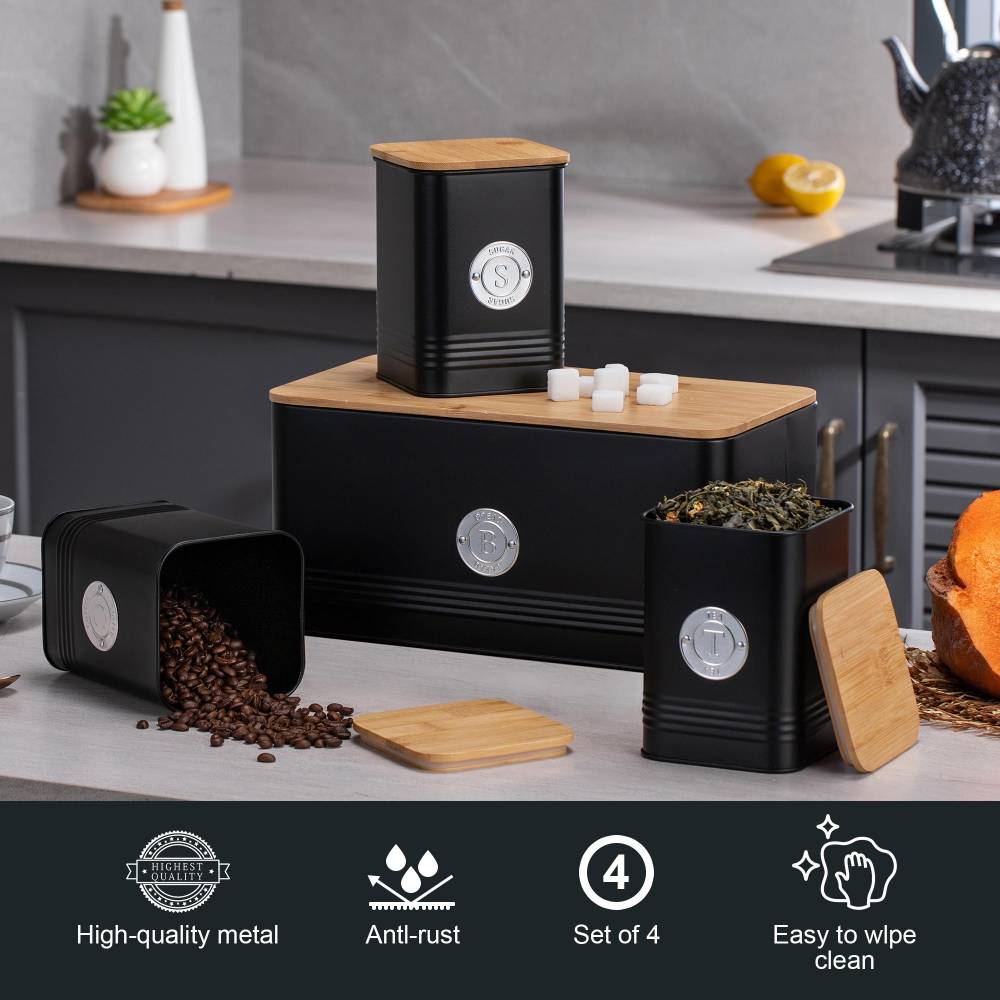 EHC 4 x Ribbed Pattern Airtight Food Storage Canisters Set, Black
