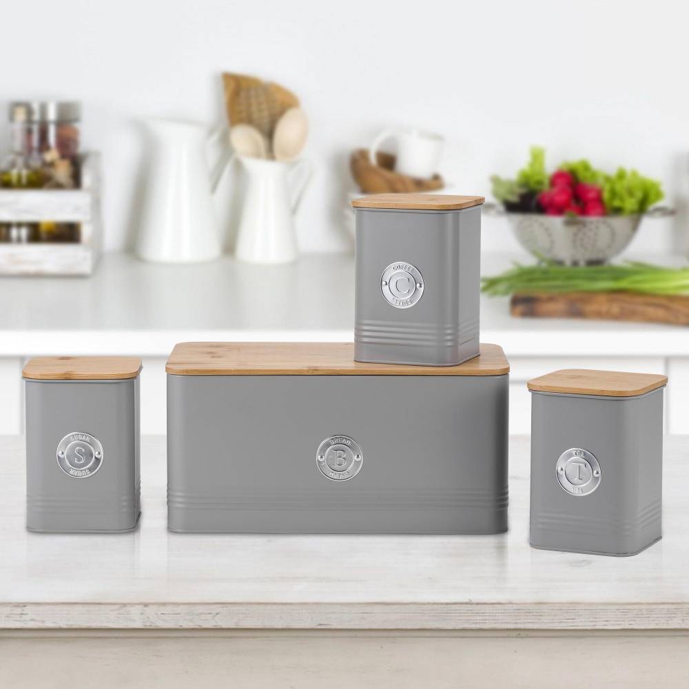 EHC 4 x Ribbed Pattern Airtight Food Storage Canisters Set, Grey