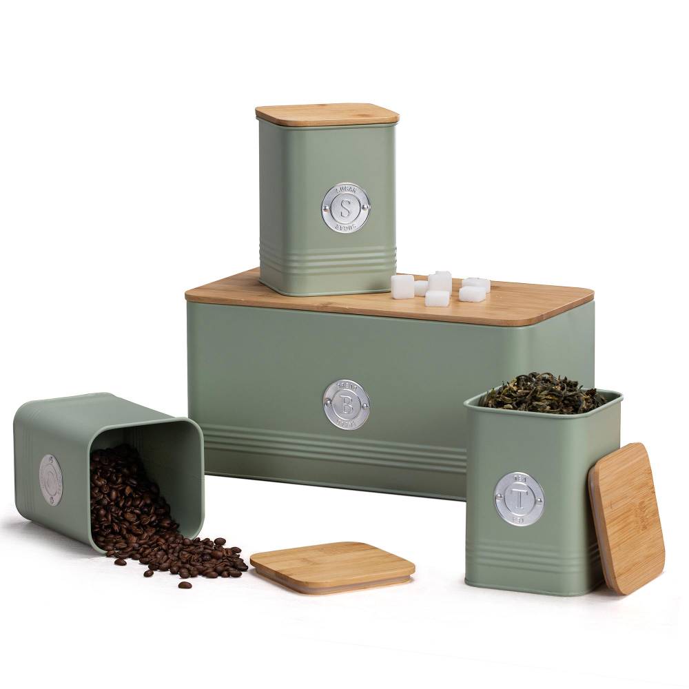 EHC 4 x Ribbed Pattern Airtight Food Storage Canisters Set, Mint Green