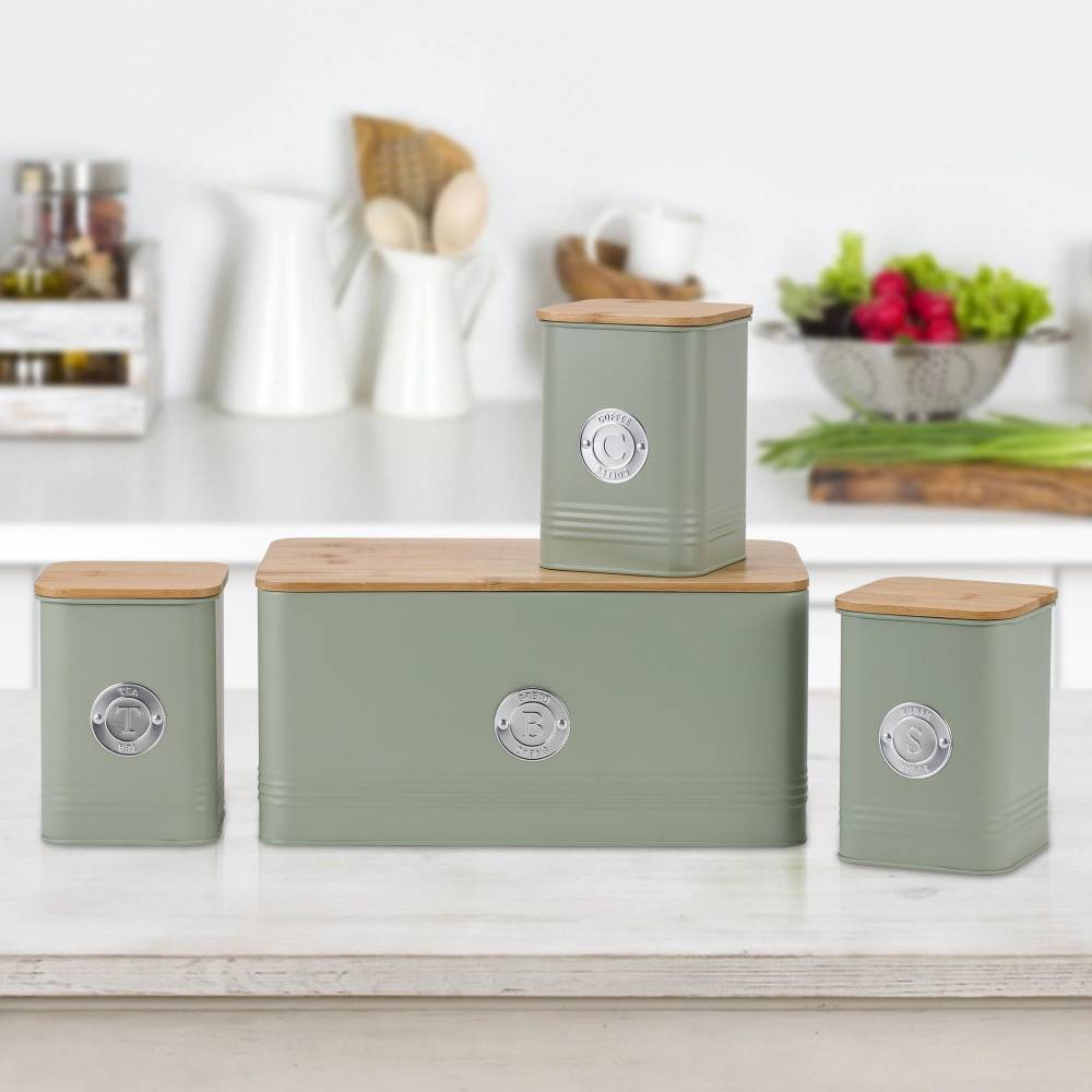 EHC 4 x Ribbed Pattern Airtight Food Storage Canisters Set, Mint Green