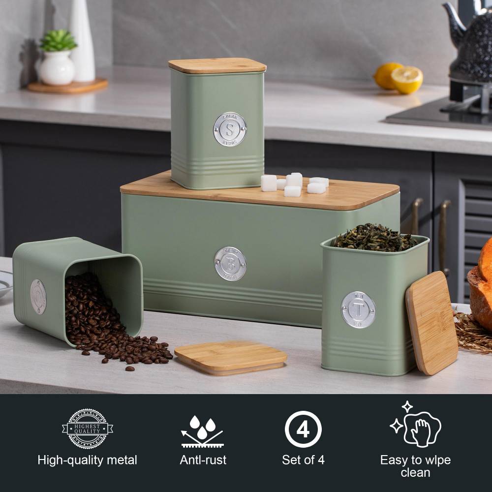 EHC 4 x Ribbed Pattern Airtight Food Storage Canisters Set, Mint Green