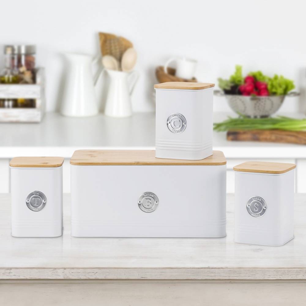 EHC 4 x Ribbed Pattern Airtight Food Storage Canisters Set, White