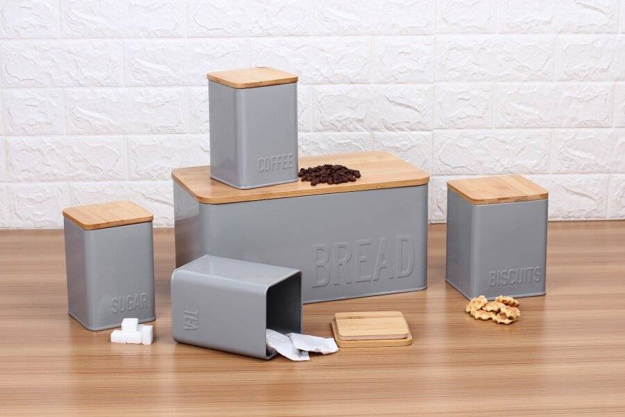EHC 5 pcs Square Kitchen Storage Set with Airtight Bamboo Lid - Grey