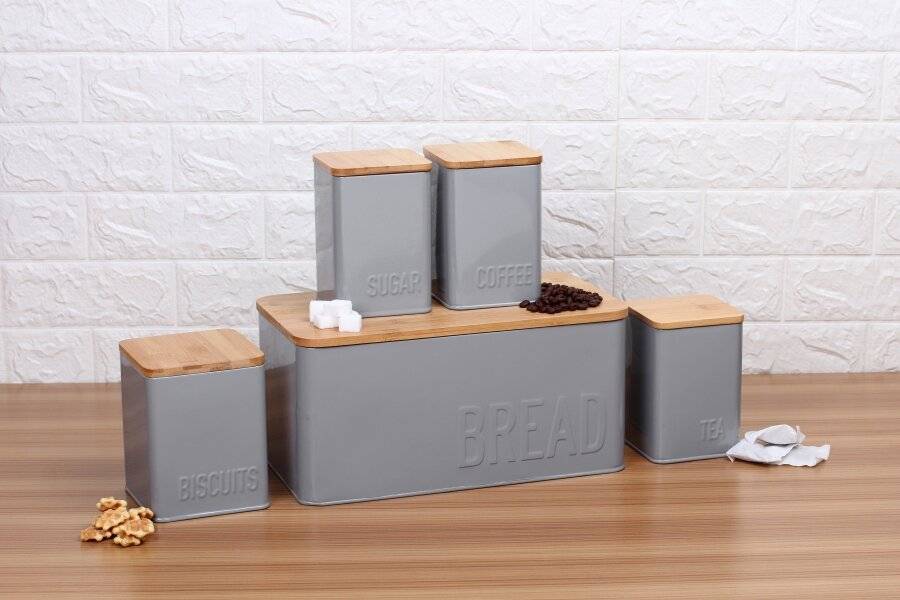 EHC 5 pcs Square Kitchen Storage Set with Airtight Bamboo Lid - Grey