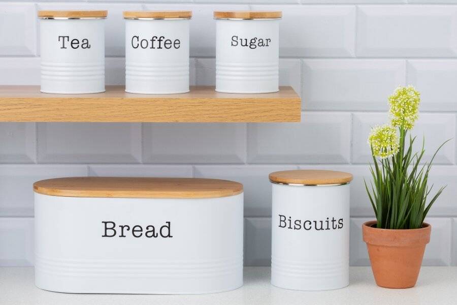 EHC 5 piece Tea, Coffee, Sugar, Biscuit and Bread Canisters, White
