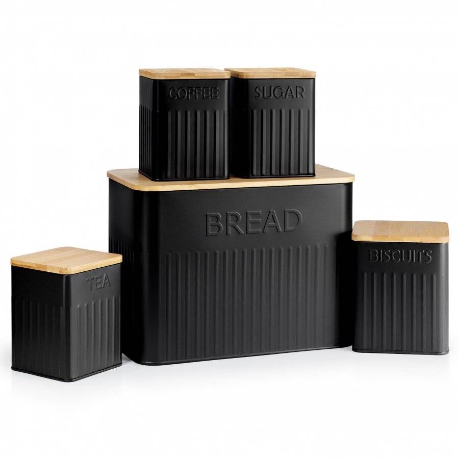 EHC 5pc Kitchen Storage Container Set with Airtight Bamboo Lids, Black