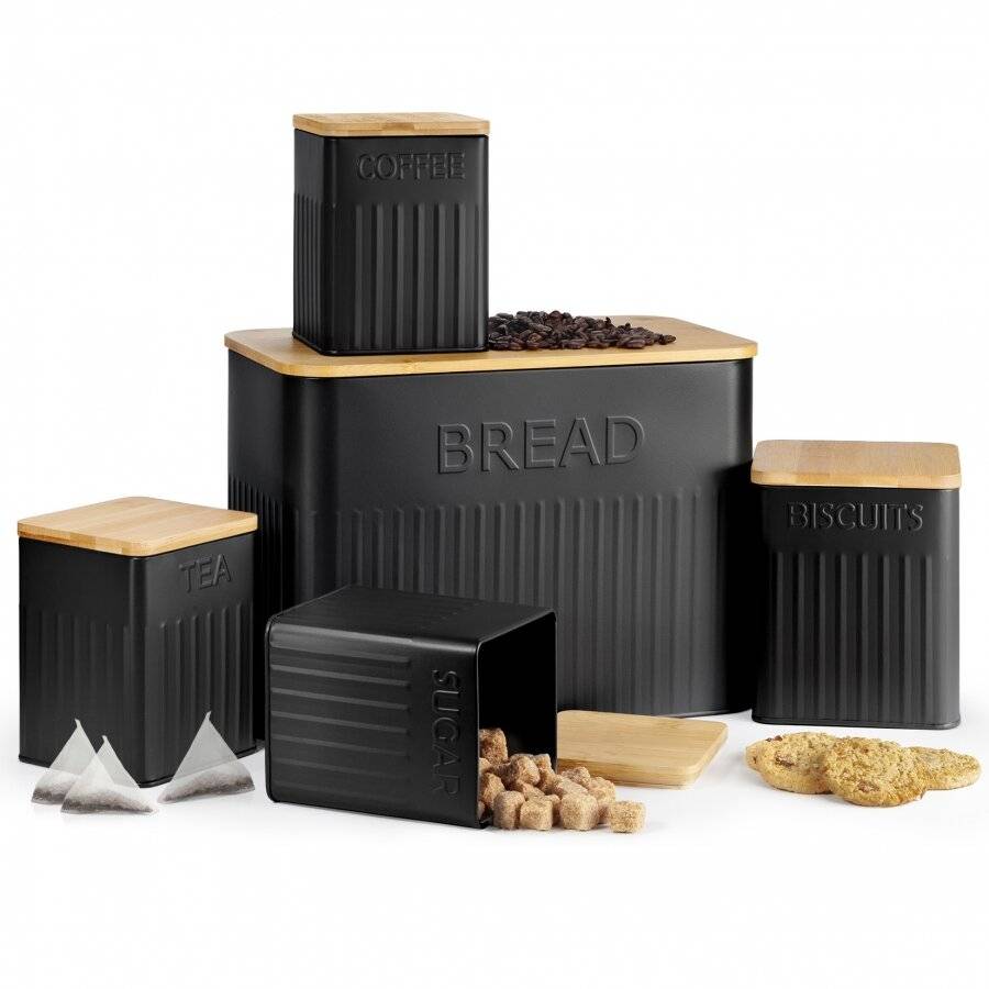 EHC 5pc Kitchen Storage Container Set with Airtight Bamboo Lids, Black