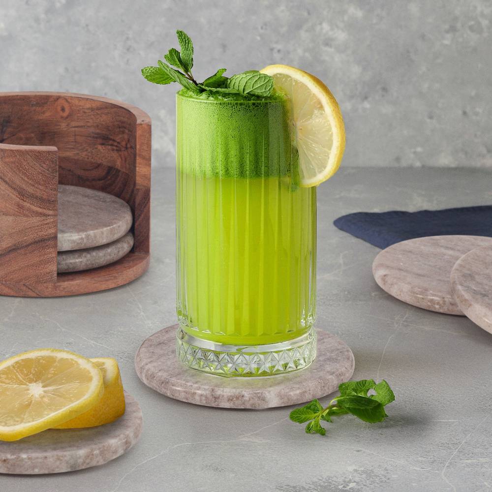 EHC 6 Pcs Round Marble Coaster Set with Wooden Holder - Natural