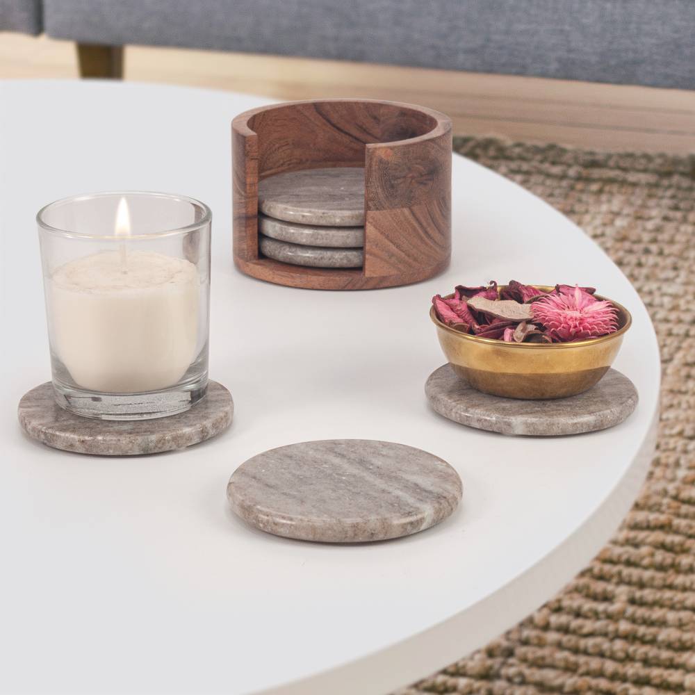 EHC 6 Pcs Round Marble Coaster Set with Wooden Holder - Natural