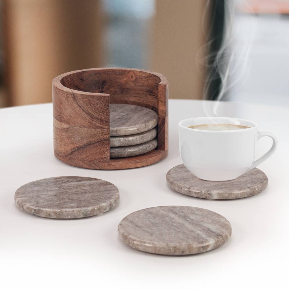 EHC 6 Pcs Round Marble Coaster Set with Wooden Holder - Natural