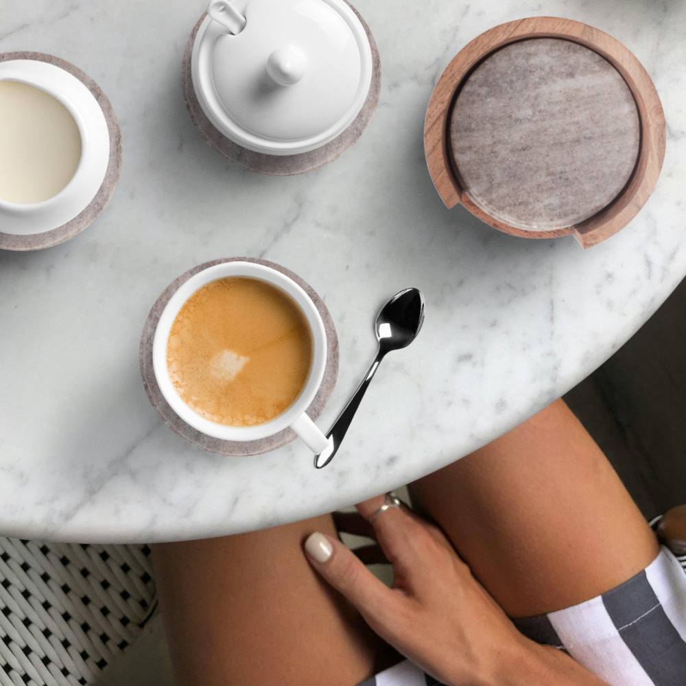 EHC 6 Pcs Round Marble Coaster Set with Wooden Holder - Natural