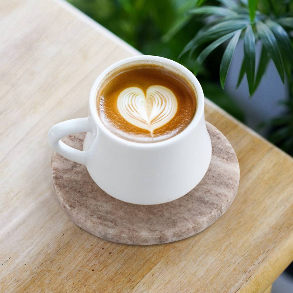 EHC 6 Pcs Round Marble Coaster Set with Wooden Holder - Natural