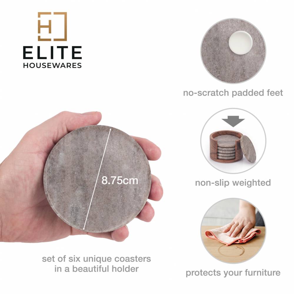 EHC 6 Pcs Round Marble Coaster Set with Wooden Holder - Natural