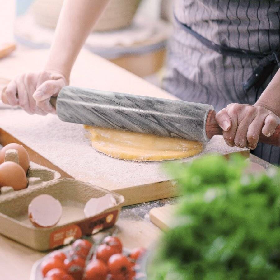 EHC Artisan Grey Marble Rolling Pin with Acacia Wood Stand