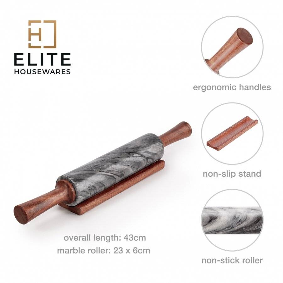 EHC Artisan Grey Marble Rolling Pin with Acacia Wood Stand