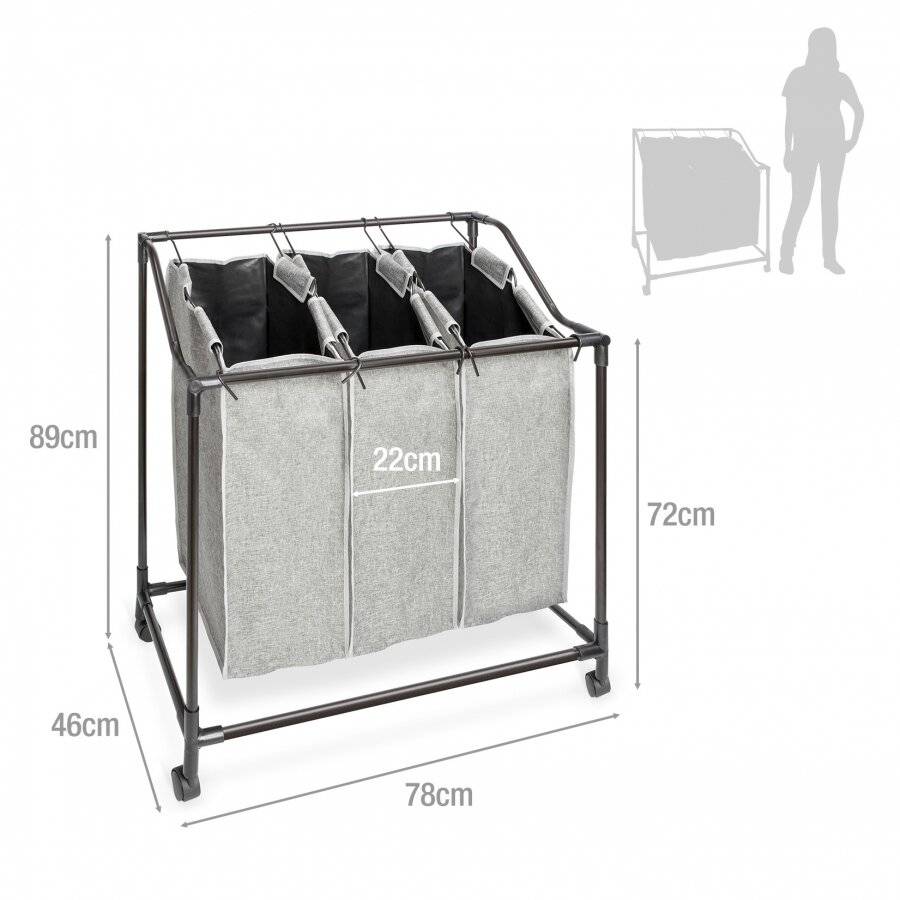 Laundry Collector Removable With 3 Fabric Bags, Laundry on Wheels
