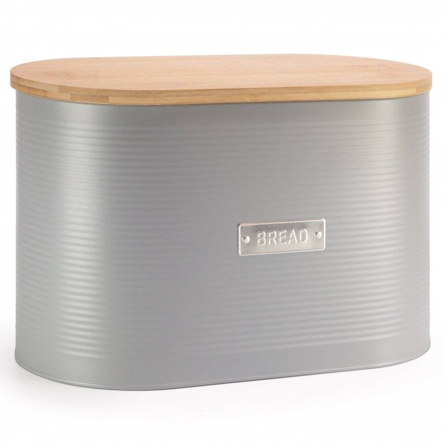 EHC Bread Bin With Bamboo Lid, Grey, 8 L, L 34 x W18 x H21 cm