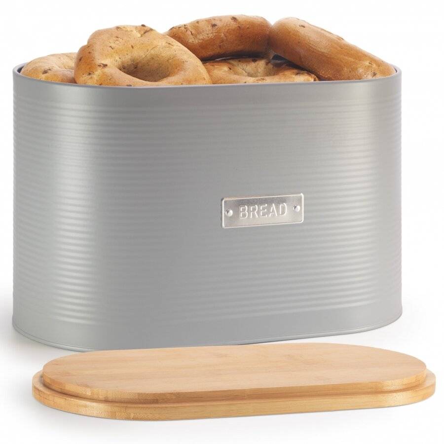 EHC Bread Bin With Bamboo Lid, Grey, 8 L, L 34 x W18 x H21 cm