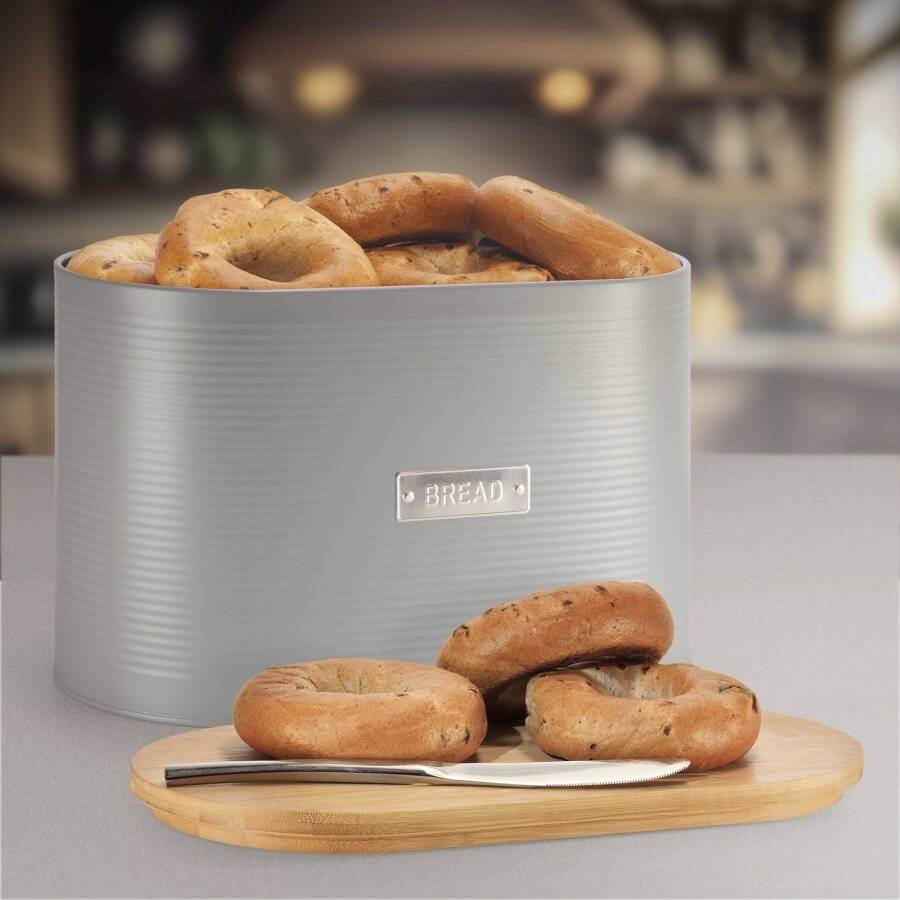 EHC Bread Bin With Bamboo Lid, Grey, 8 L, L 34 x W18 x H21 cm