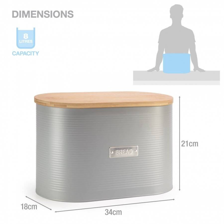 EHC Bread Bin With Bamboo Lid, Grey, 8 L, L 34 x W18 x H21 cm