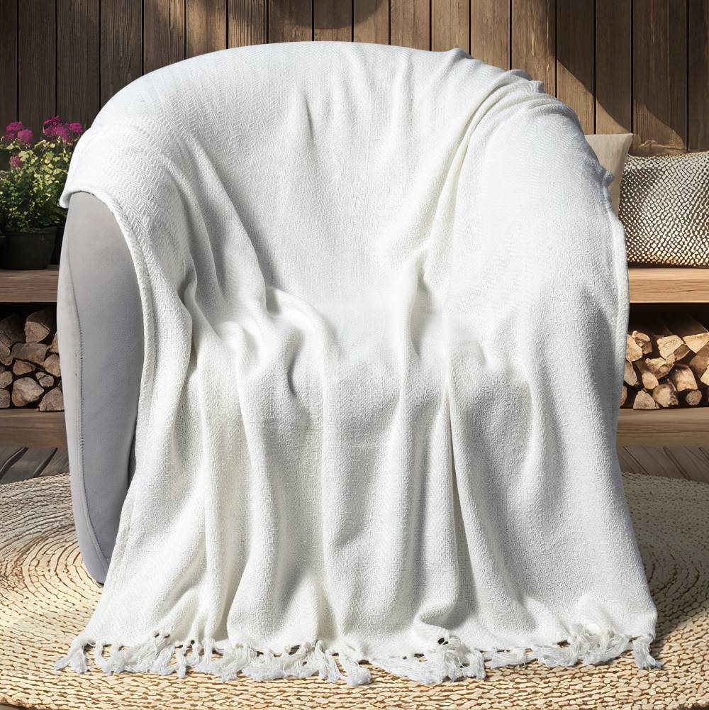 EHC Chevron Pattern Cotton Throw Blanket, Single - Ivory, 127 x 152cm