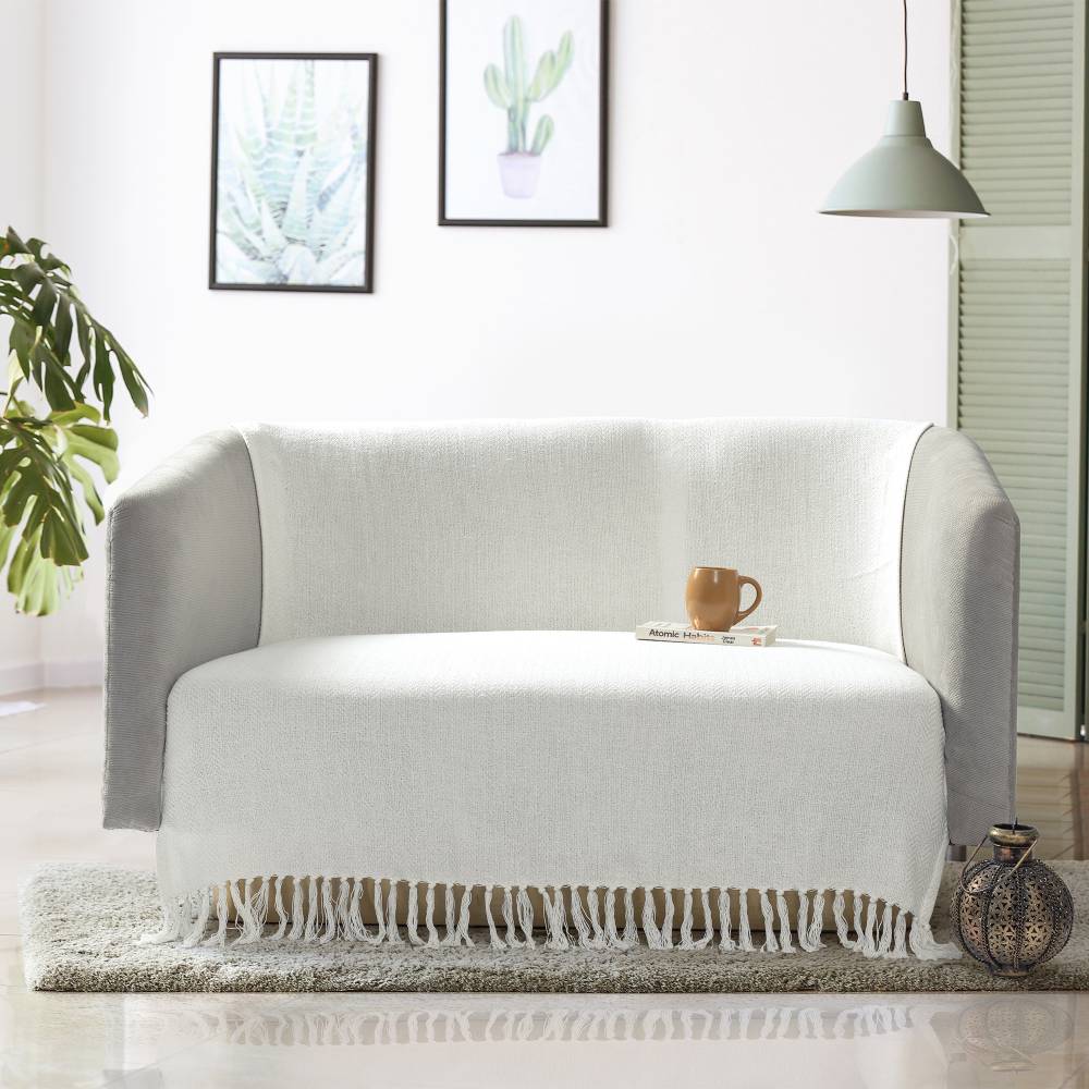 EHC Chevron Pattern Cotton Throw Blanket, Single - Ivory, 127 x 152cm