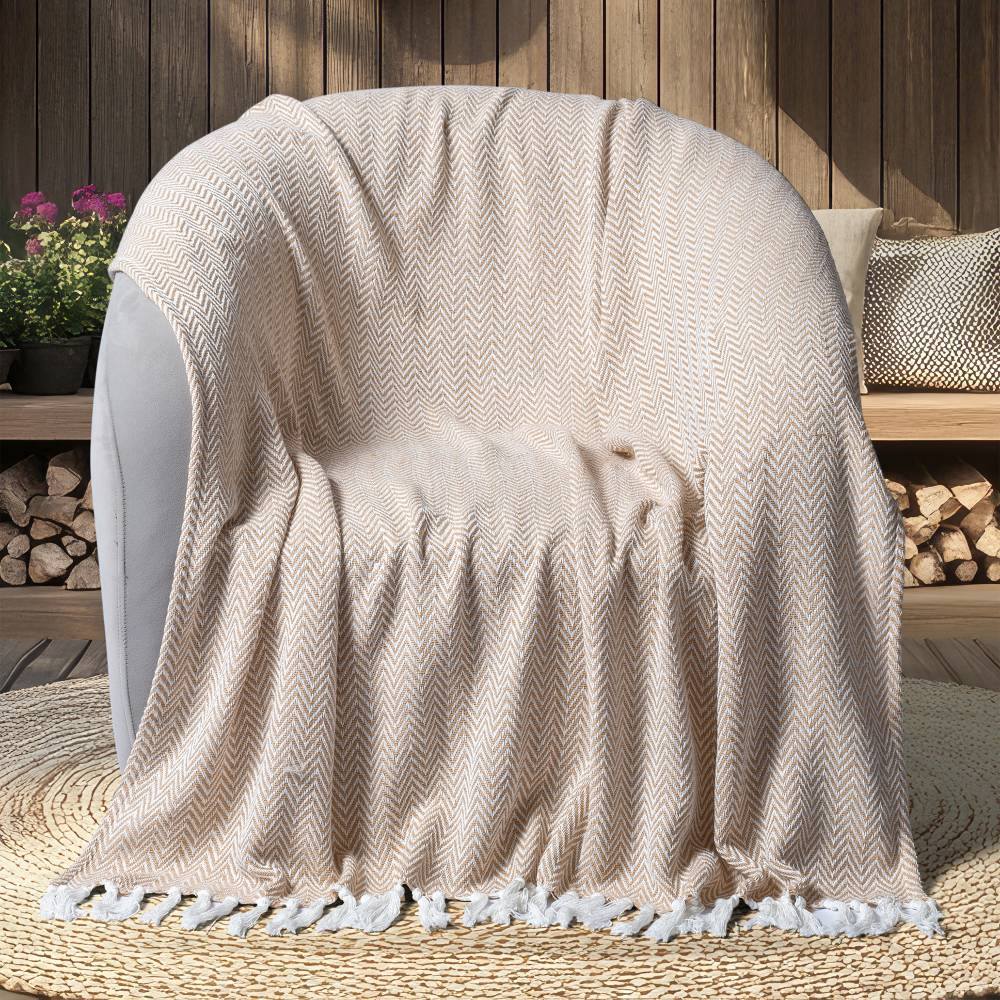 EHC Chevron Pattern Cotton Throw Blanket, Single - Tan, 127 x 152 cm