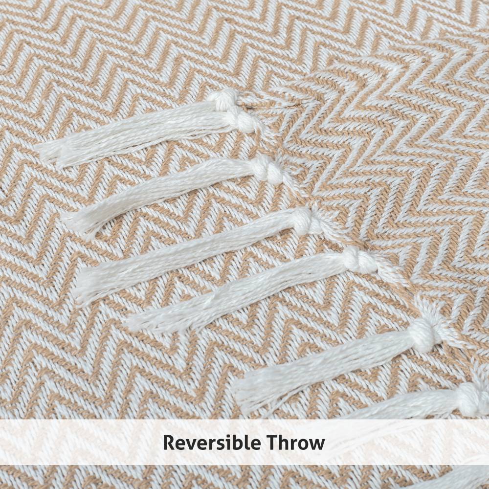 EHC Chevron Pattern Cotton Throw Blanket, Single - Tan, 127 x 152 cm
