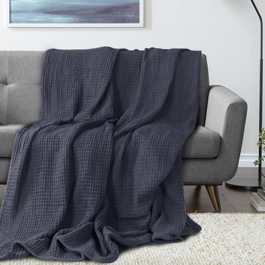 EHC Luxuriously Soft Chunky Cotton Waffle Throws, King Size - Charcoal