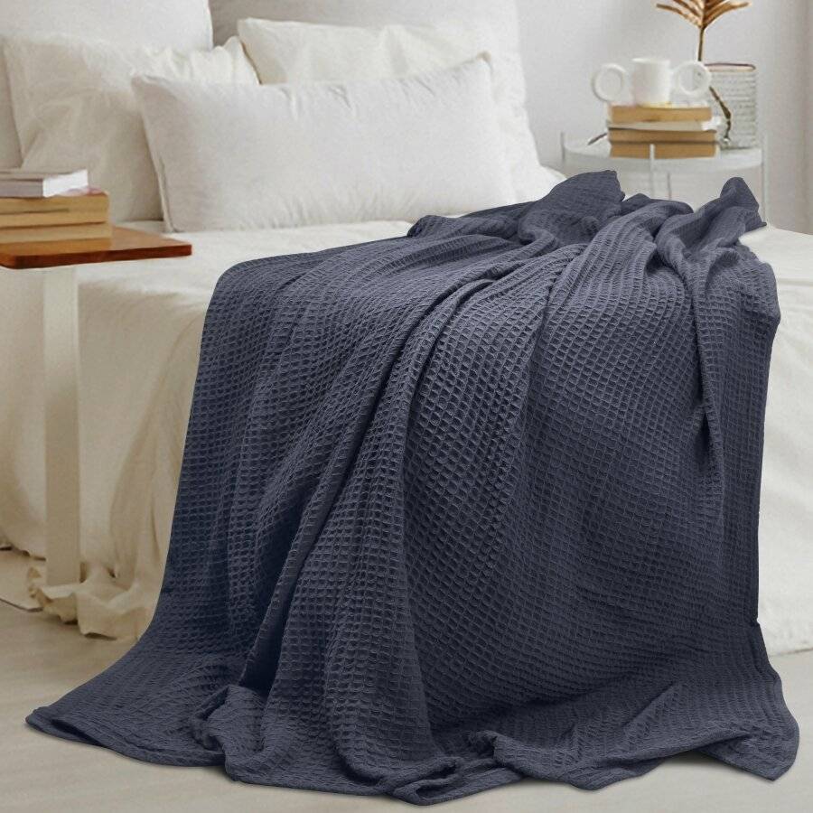 EHC Soft Chunky Cotton Waffle Single Throw For Sofa & Bed - Charcoal