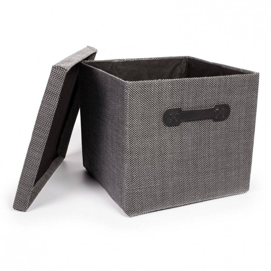 EHC Collapsible Storage Cube With Lid & Faux Leather Handles - Black