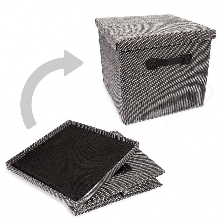EHC Collapsible Storage Cube With Lid & Faux Leather Handles - Black