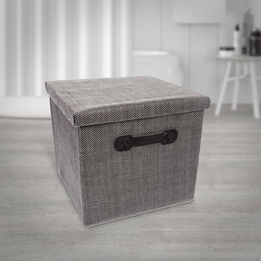 EHC Collapsible Storage Cube With Lid & Faux Leather Handles - Black