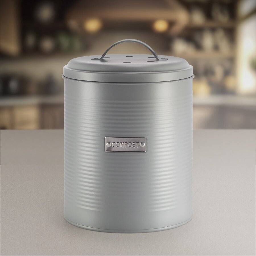 EHC Compost Bin with Lid, Galvanized Steel, 3.6 L, Grey