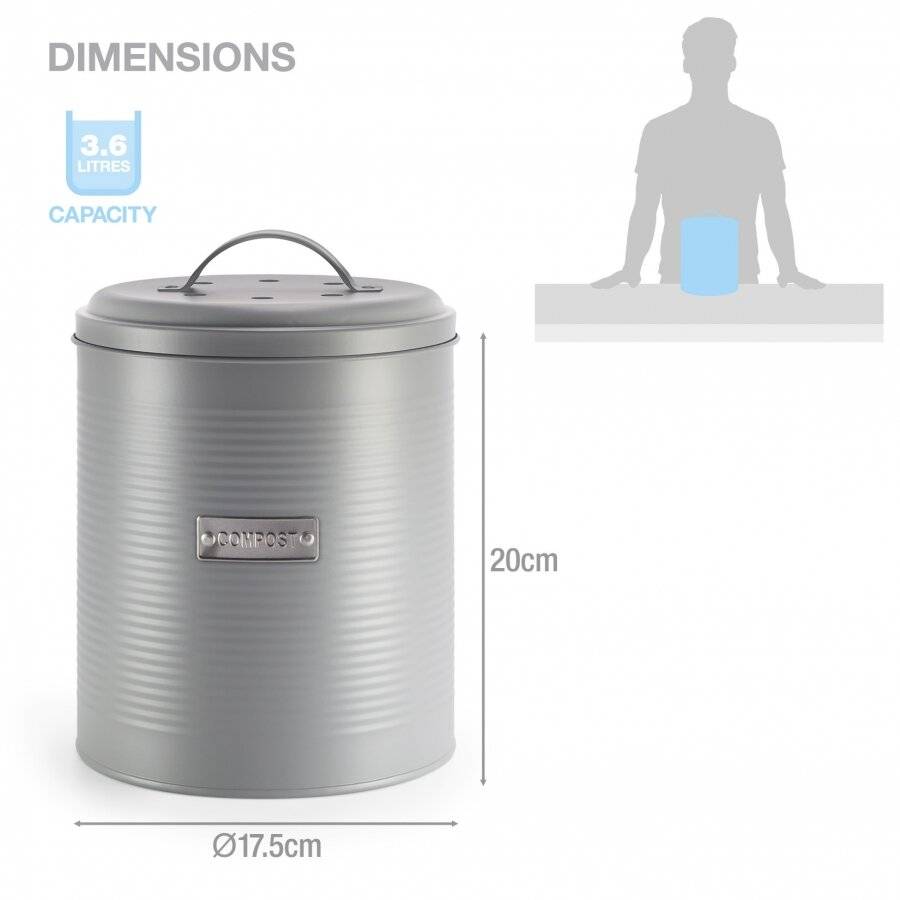 EHC Compost Bin with Lid, Galvanized Steel, 3.6 L, Grey