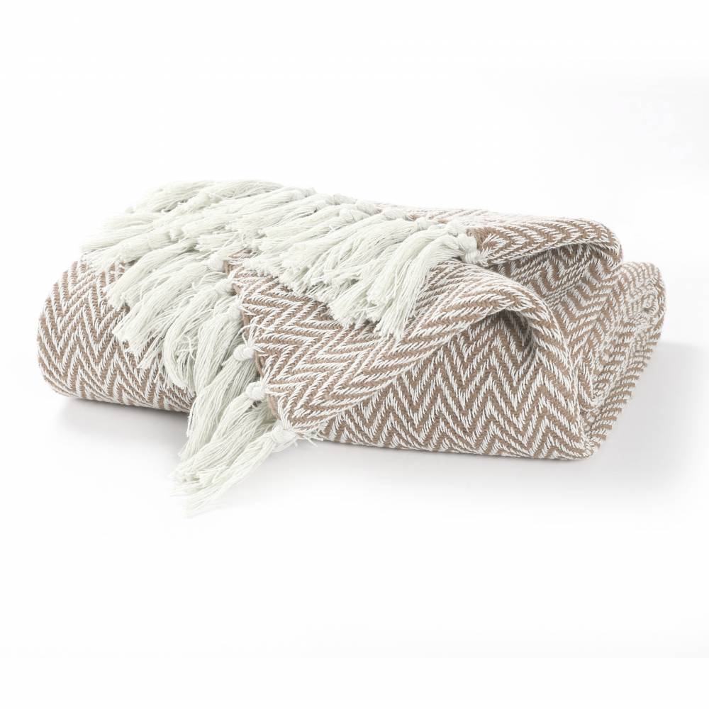 EHC Cotton Zig Zag Handwoven Single Bed or Armchair Throw - Beige